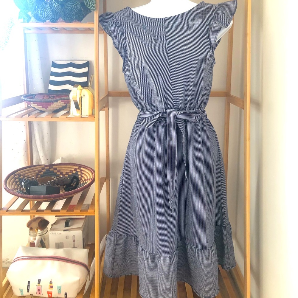 Monteau Pinstripe Navy Blue Tie Waist Dress